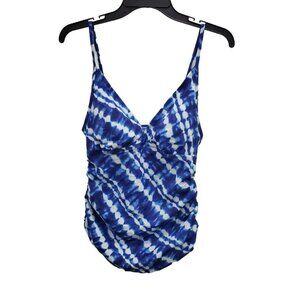 Sonoma Women's Blue White Tie Dye Ruched Side Bathing Suit Swim Top‎ Tank Sz 10